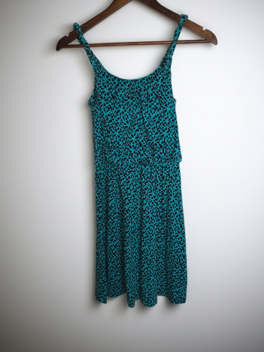 LOFT Teal Blue & Black Floral Tank Dress W Elastic Waist And Roped Straps XS